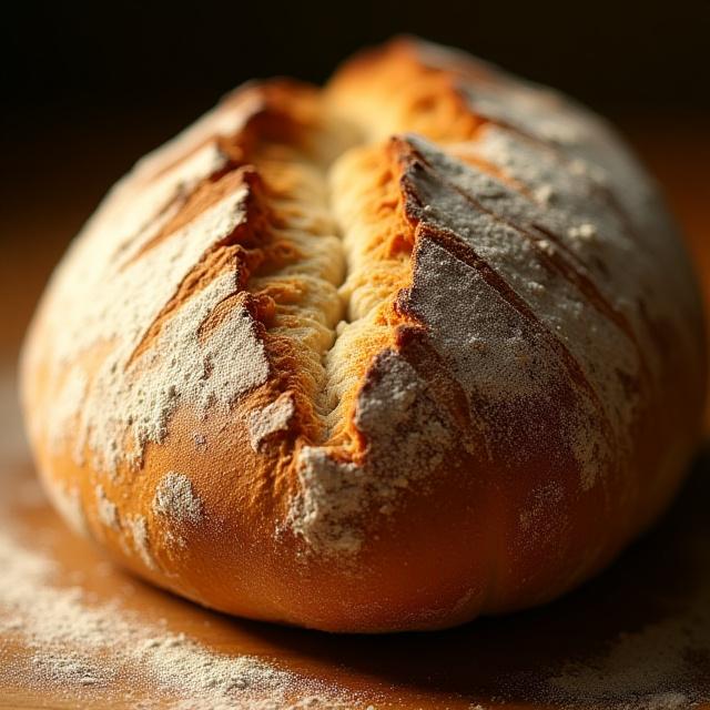 Golden sourdough loaf with professional scoring on a wooden table