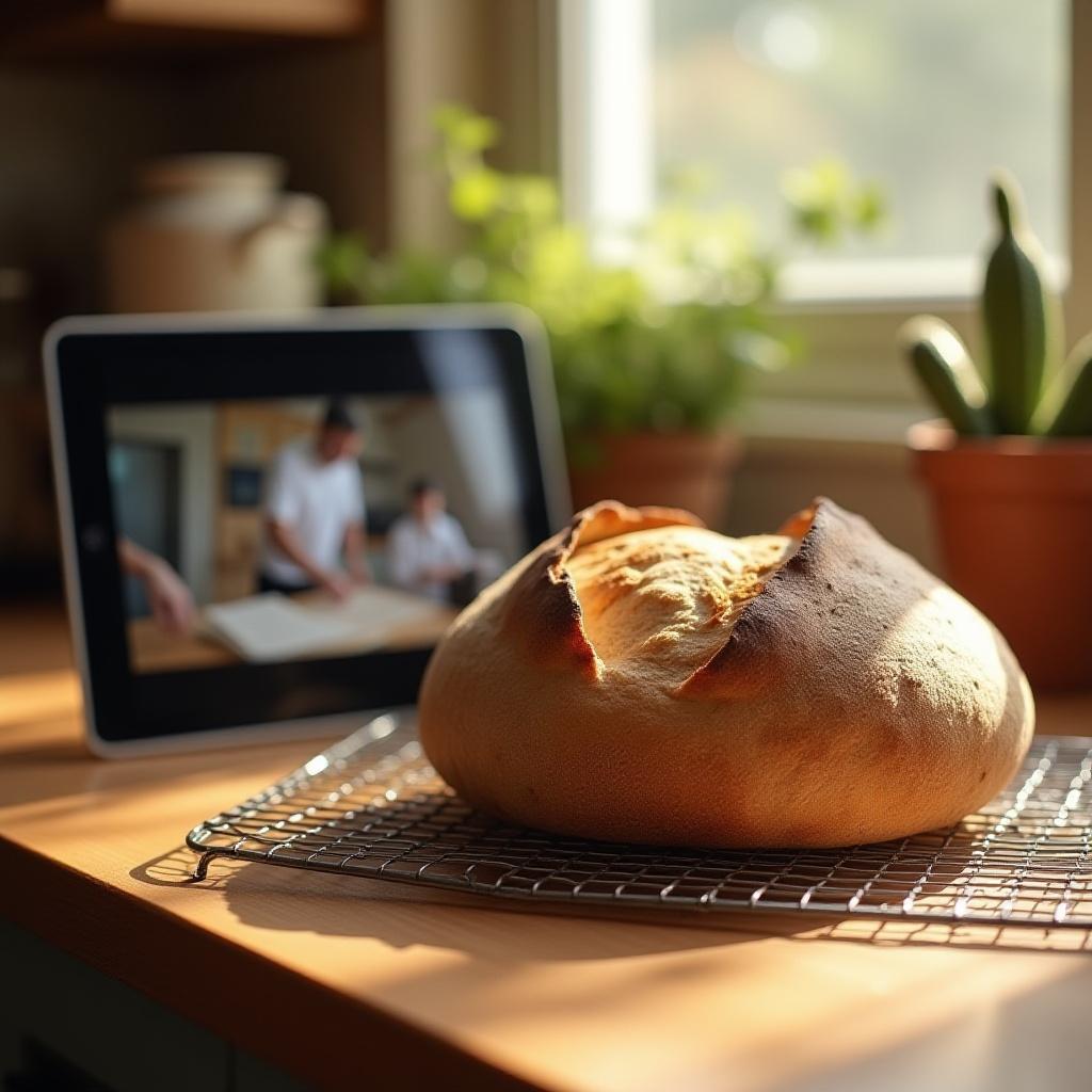 Breads rising in a home oven with digital tablet nearby