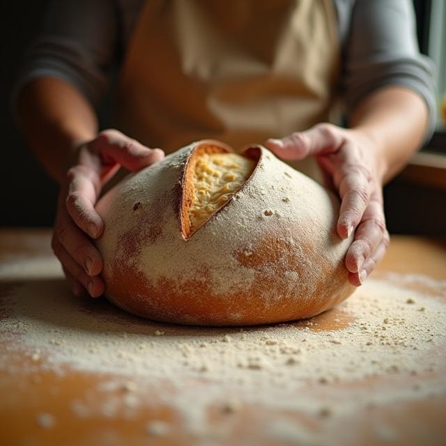 Artisan baker scoring sourdough loaf in a sunlit New York kitchen