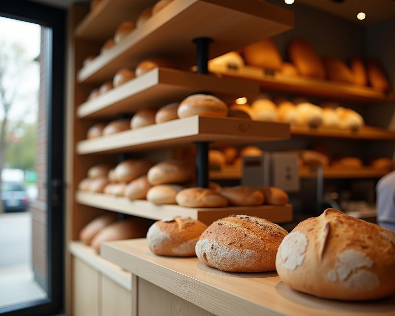 Interior of an artisan bakery with fresh loaves on shelves