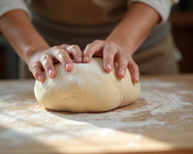 Artisan hands kneading dough in a sunlit kitchen