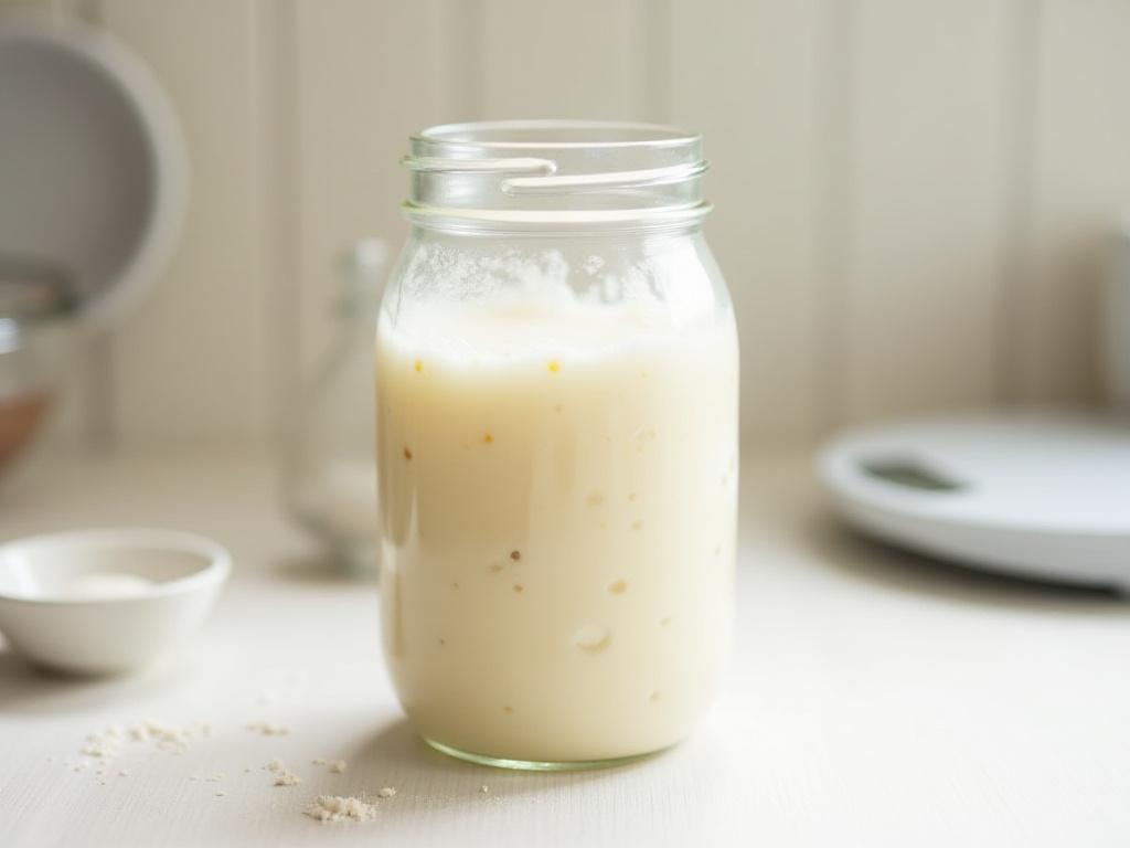 A bubbling sourdough starter in a glass jar with kitchen scale