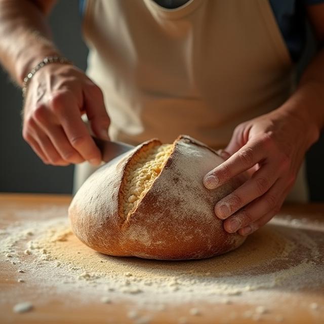Artisan baker scoring a sourdough loaf in a sunlit New York studio