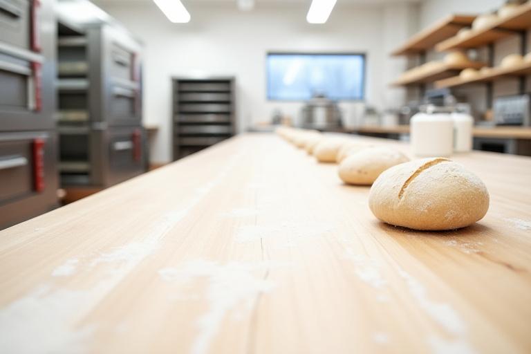 Modern teaching kitchen with wooden tables and professional ovens